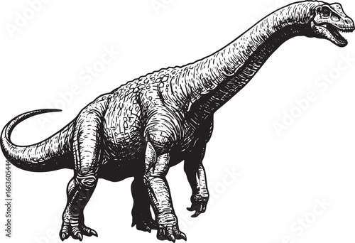 Detailed woodcut illustration of a Titanosaurus dinosaur in mono