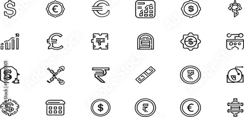Finance icons, currency symbols, money icons, business icons, dollar, euro, pound, yen, cryptocurrency, stock market, financial chart, payment icons, banking, commerce, trading, investment, global fin