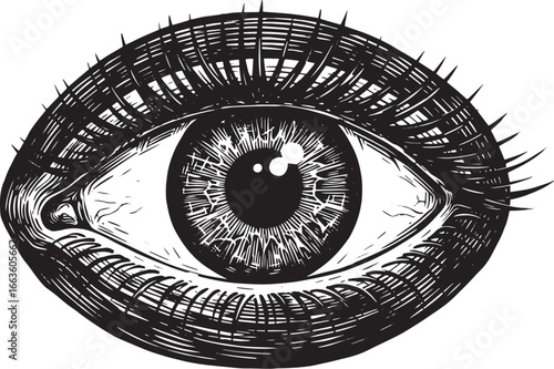 Monochrome woodcut drawing of an eye, a symbol of protection and