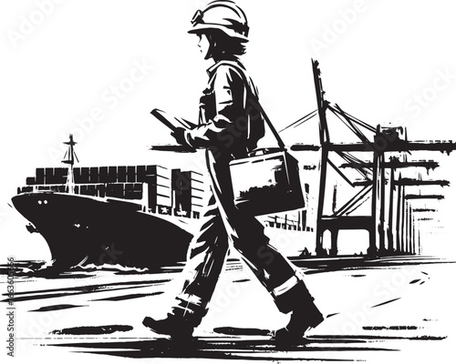 Ink illustration of a woman overseeing cargo operations at a bus