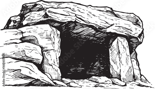 Rock Shelter Outcrop: Hand-Drawn Woodcut Illustration of Natural