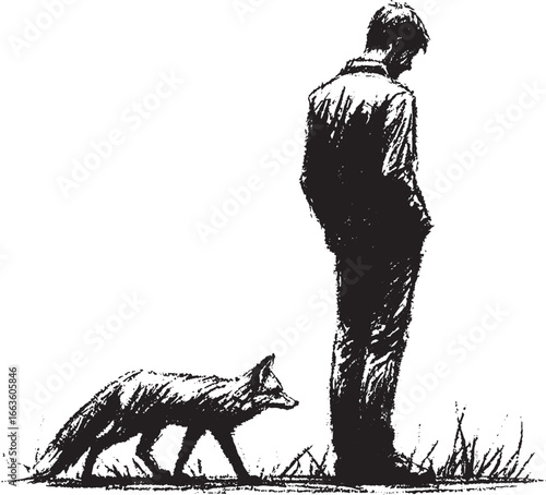 Illustration of a Man Standing Near a Fox in a Field, a Graphic Black and White Sketch