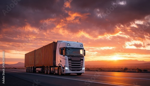 White semi-truck on highway at sunset. Dramatic clouds and warm light