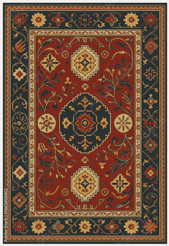 Folk art inspired Persian Vector Carpet with modern Pattern in high definition isolated on white canvas with trending colors
