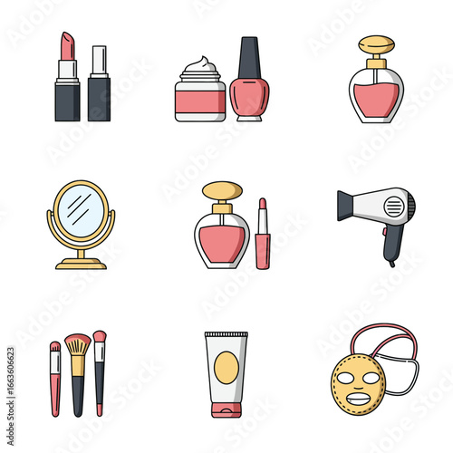 Essential beauty products collection featuring lipstick, nail polish, perfume, cream, mirror, face mask, and makeup brushes perfect for blogs or cosmetic brands