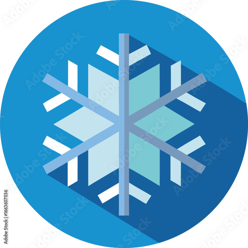 A detailed illustration of a snowflake with a long shadow, in a light blue shade, set within a vibrant blue circular background. The snowflake's complex structure is prominently displayed.