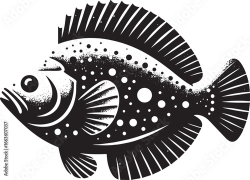 Black and white illustration of a fish with a detailed design and patterns