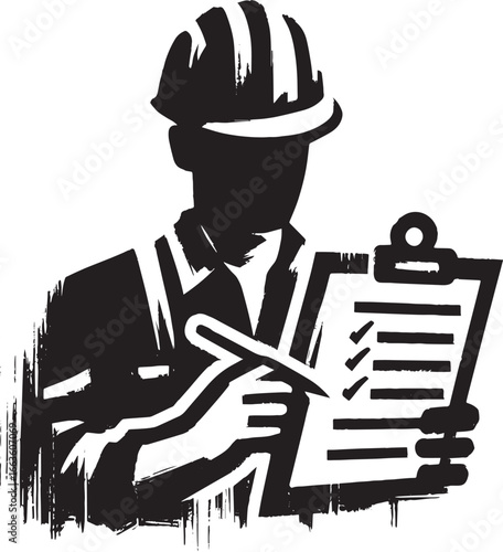 Monochrome depiction of a builder inspecting a work checklist wi
