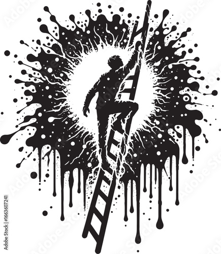 Abstract Illustration of a Person Climbing a Ladder Surrounded by a Burst of Paint Splatters