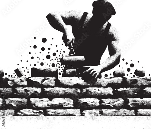 Illustration of a construction worker building a brick wall with a roller in black and white