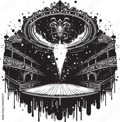 Intricate Black and White Illustration of a Theatre Stage and Seating Area Design