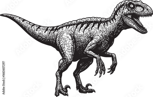 Monochrome Utahraptor Illustration: A Detailed Woodcut Style Din