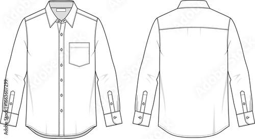 Long sleeve shirt vector flat sketch, front and back view, button-up collar design, fashion template with pocket, formal clothing mockup, technical apparel drawing