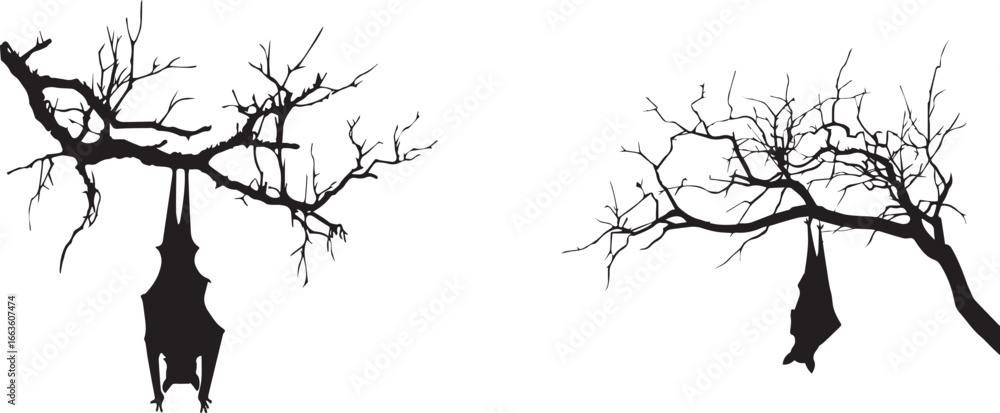 Bats hanging from tree branches silhouette vector illustration halloween spooky night scene design