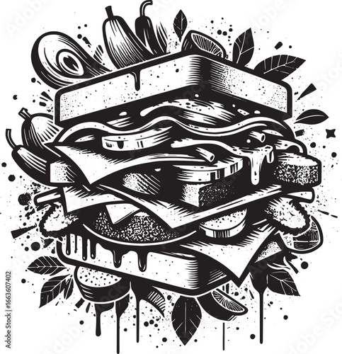 Detailed Black and White Illustration of a Delicious and Fully Loaded Sandwich with Fresh