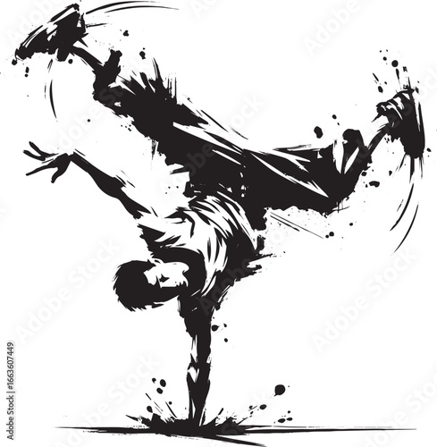 Dynamic Monochrome Illustration of a Breakdancer in Motion with