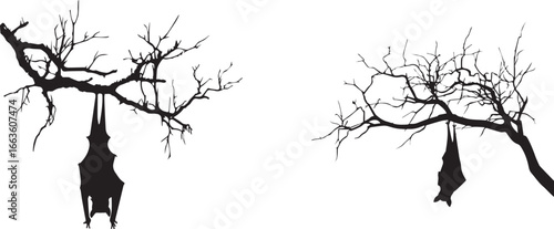 Bats hanging from tree branches silhouette vector illustration halloween spooky night scene design