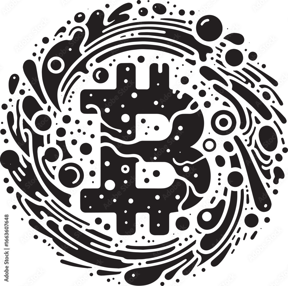 Naklejka premium Black and White Bitcoin Cryptocurrency Logo Design Surrounded by Abstract Swirling Elements