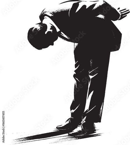 Monochrome sumi-e illustration of a businessman bowing in a resp