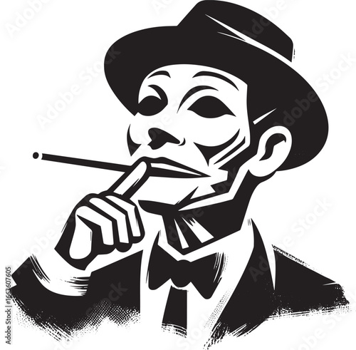 Monochrome portrait of a sophisticated figure with hat and cigar