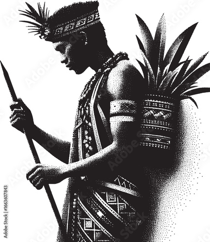 Intricate black and white engraving of a native warrior, showcasing cultural heritage and pride