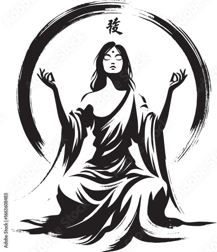 Serene chant illustration in sumi-e style, a woman in reverence