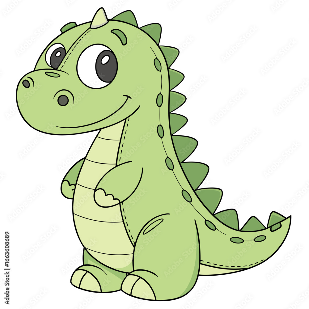 Naklejka premium Adorable cartoon green dinosaur plush toy with stitched details and a friendly smile standing on a white background