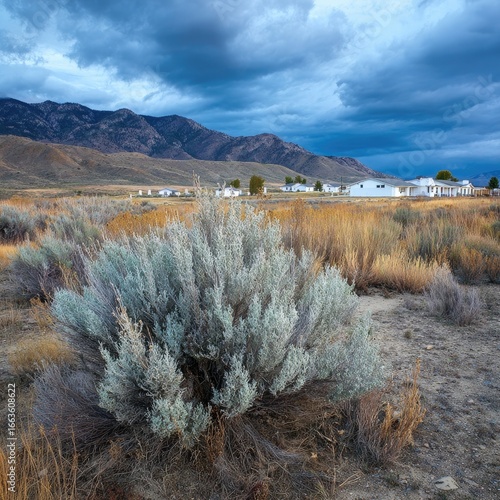 A landscape view of a rural community nestled against a mountain range.  Muted light and a dramatic sky.  Gray-green desert plants are prominent