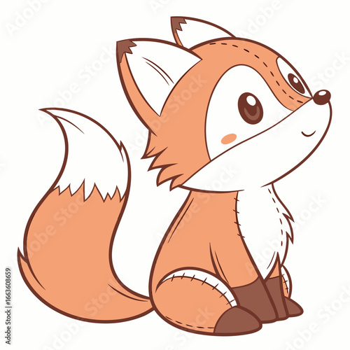 Adorable cartoon fox plush toy sitting and looking up with a happy expression and stitched details
