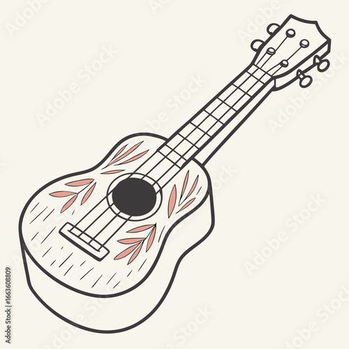 Charming hand drawn illustration of a ukulele with delicate pink leaf patterns on a light cream background