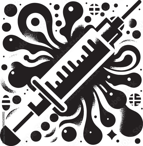 Medical syringe illustration with black and white abstract design representing vaccination