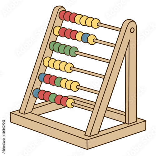 Colorful wooden abacus with red yellow blue and green beads on a white background