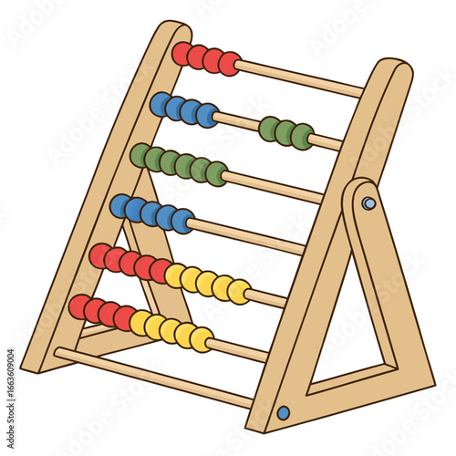 Colorful wooden abacus with red blue and green beads arranged on wooden rods for early childhood education