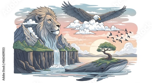 Surreal Landscape Featuring A Lion Mountain Flying Eagle Whale Island And Tranquil Cartoon