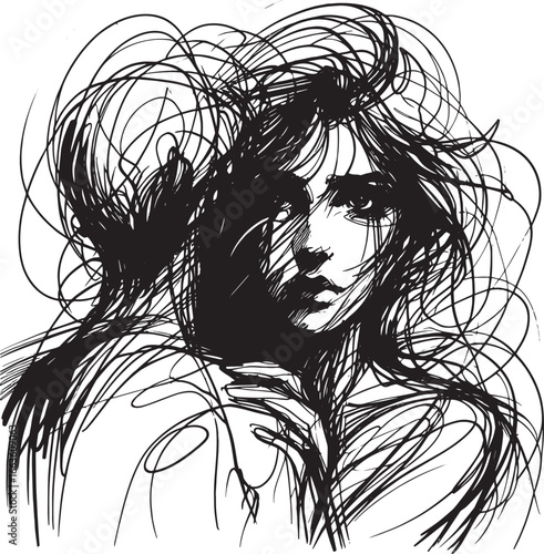 Intricate Line Art Portrait of a Woman with Messy Hair, Expressing Emotion in Ink
