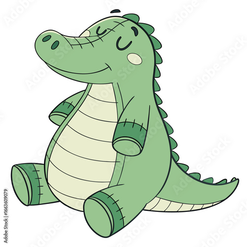 Cute cartoon green stuffed alligator toy sitting peacefully with closed eyes and a gentle smile