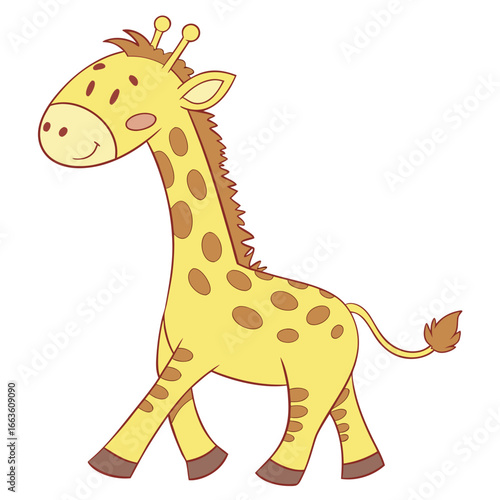 Cute cartoon giraffe walking with a friendly smile and brown spots on a white background