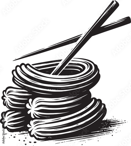 Elegant monochrome depiction of stacked churros with chopstick i