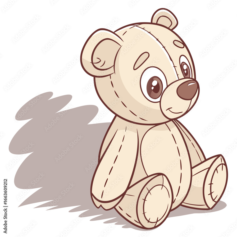 Naklejka premium Cute cartoon teddy bear with stitched seams and a soft brown shadow sitting on a white background