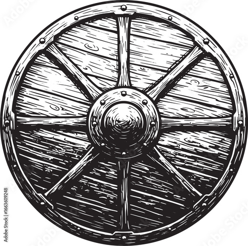 Intricate Woodcut Illustration of a Norse Shield Depicting Medie