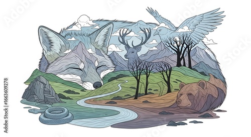 An artistic and visually striking representation of nature's diverse elements in a blended design