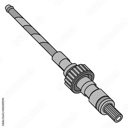 Detailed illustration of a mechanical shaft with splined end and knurled collar on a white background