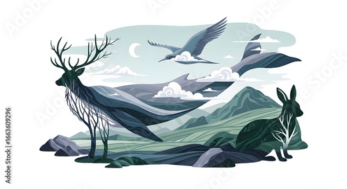 A serene landscape with a deer, bird, and rabbit rendered in cool, muted tones in vector style.