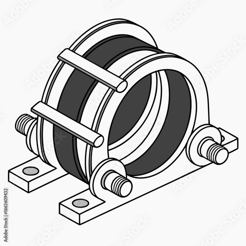 Industrial pipe support clamp with rubber vibration dampening elements and mounting bolts