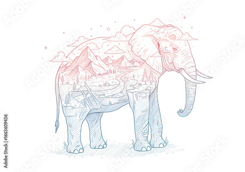 An elephant with a landscape scene inside its body rendered in detailed blue and red line art