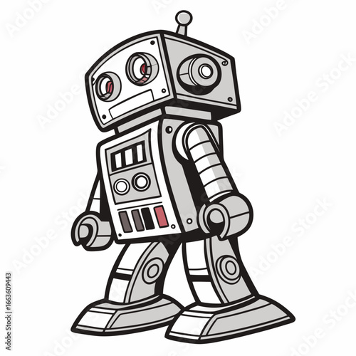 Retro style cartoon robot with a friendly expression and metallic silver body standing on a white background
