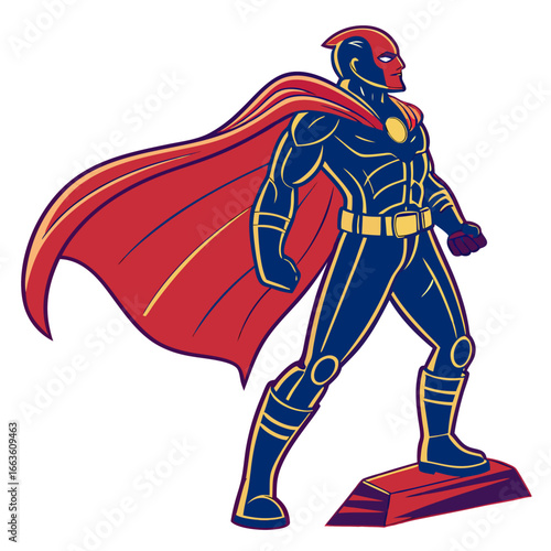 Powerful superhero in a blue and gold suit with a flowing red cape stands confidently on a red platform