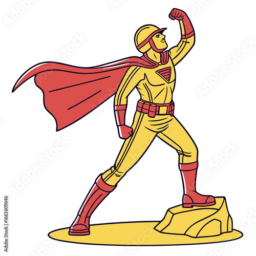 Victorious superhero in yellow and red costume with cape standing on rock striking a heroic pose