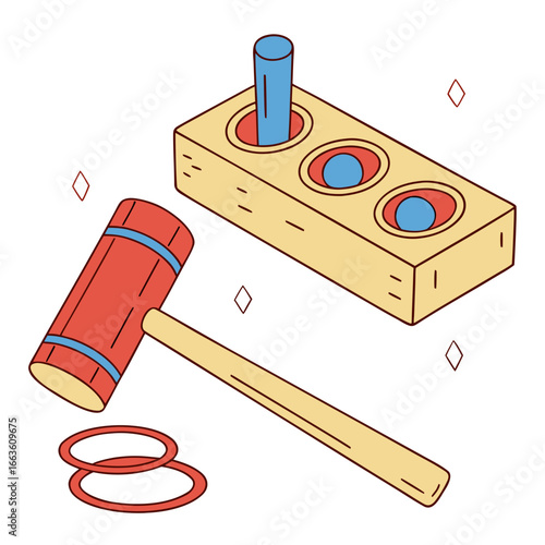 Whack a mole game concept with wooden mallet and colorful moles in a simple cartoon style