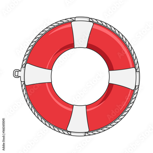 Colored icon of red and white lifebuoy with rope without background.